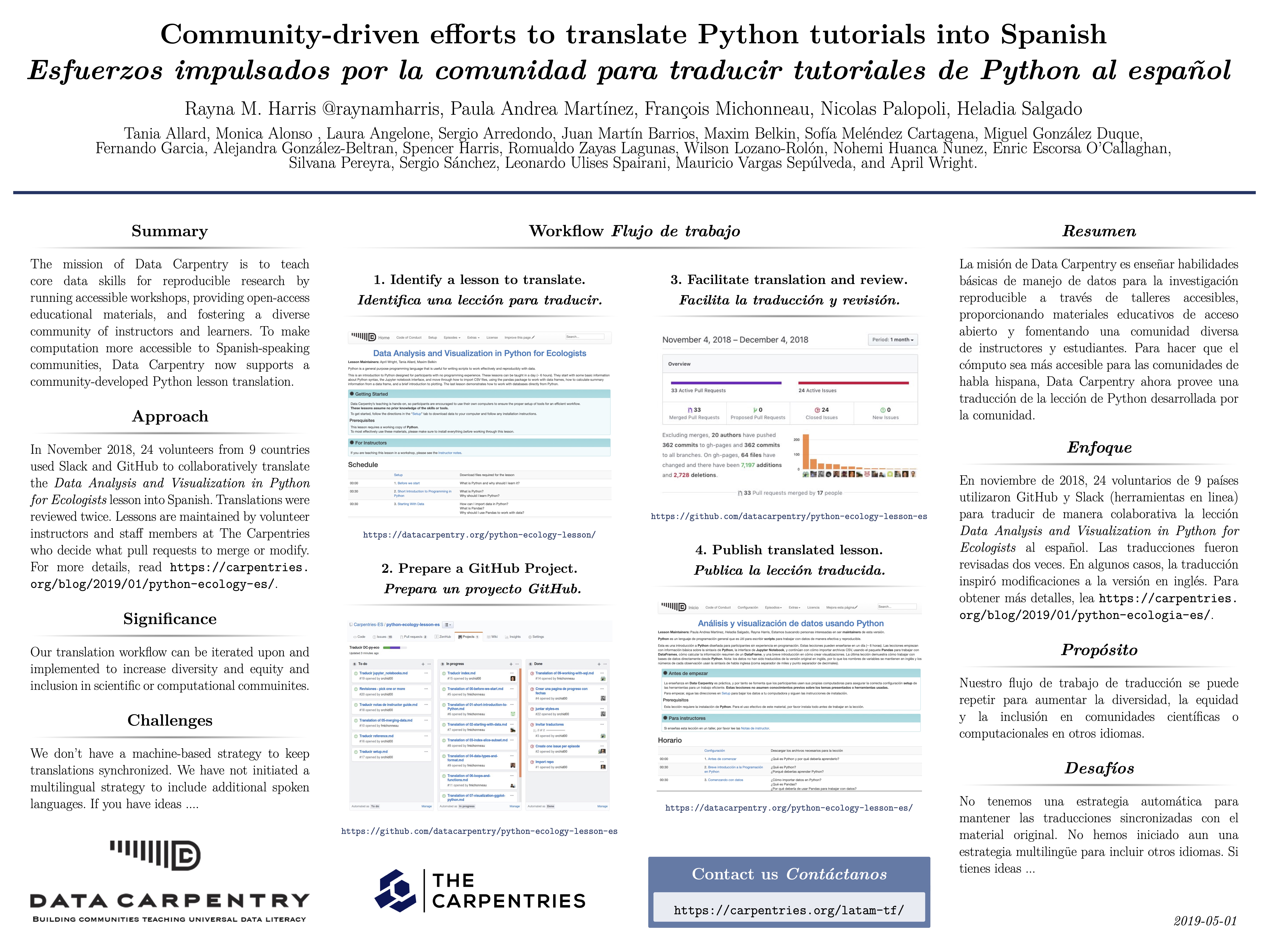 A bilingual poster describing a community effort to translate training materials from English to Spanish.
